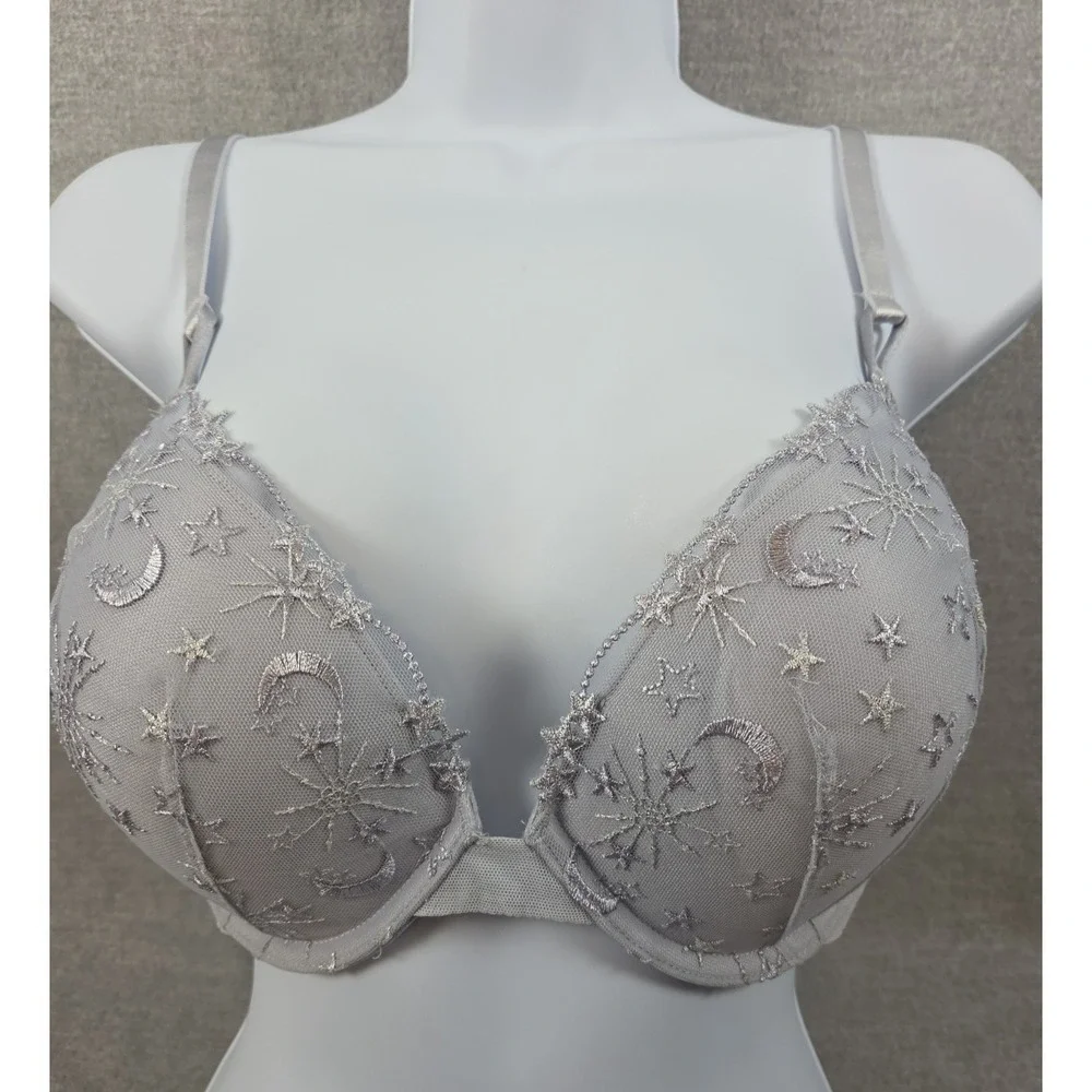 Victorias Secret Push Up Bra 38C Silver Moons & Stars Boho Celestial Whimsigoth